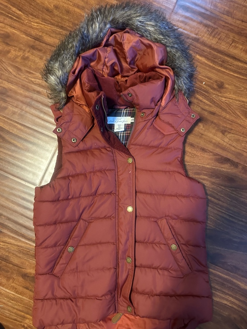 H&M Burgundy Quilted Hooded Puffer Vest with Plaid Lining